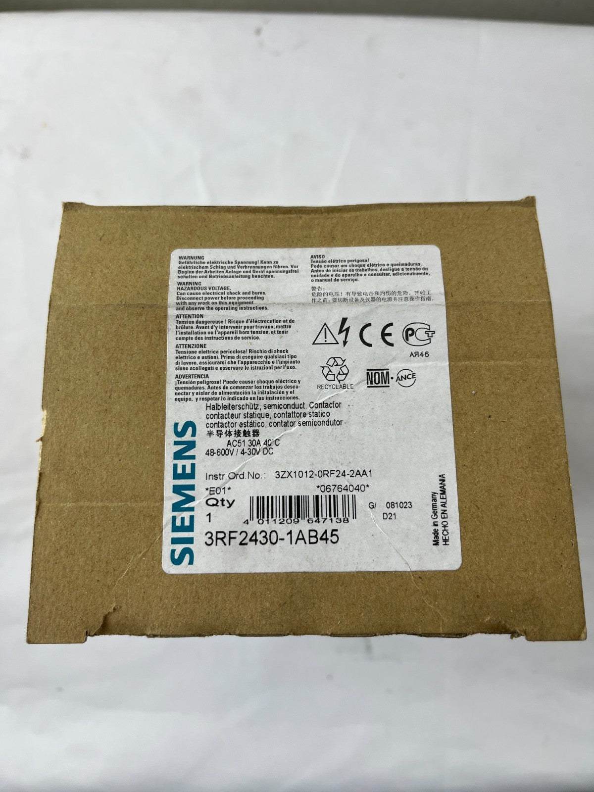 Siemens 3RF2430‑1AB45 Sirius 3‑Phase Solid State Contactor 30A 48–600Vac New