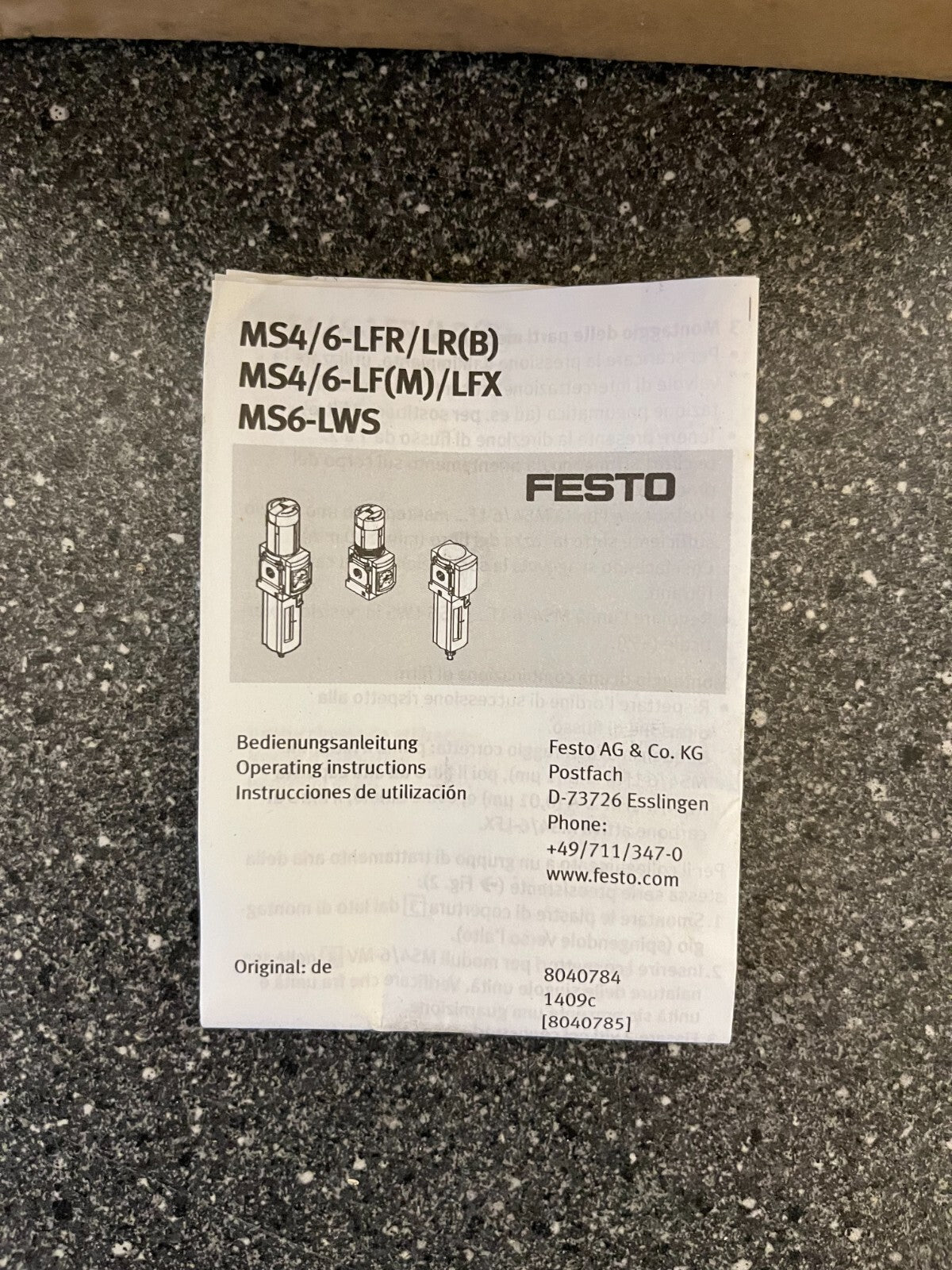 Festo MS4-EM1-1/4-S On/Off Valve Assembly with Filter Regulator MS4/6-LFR/LR(B)