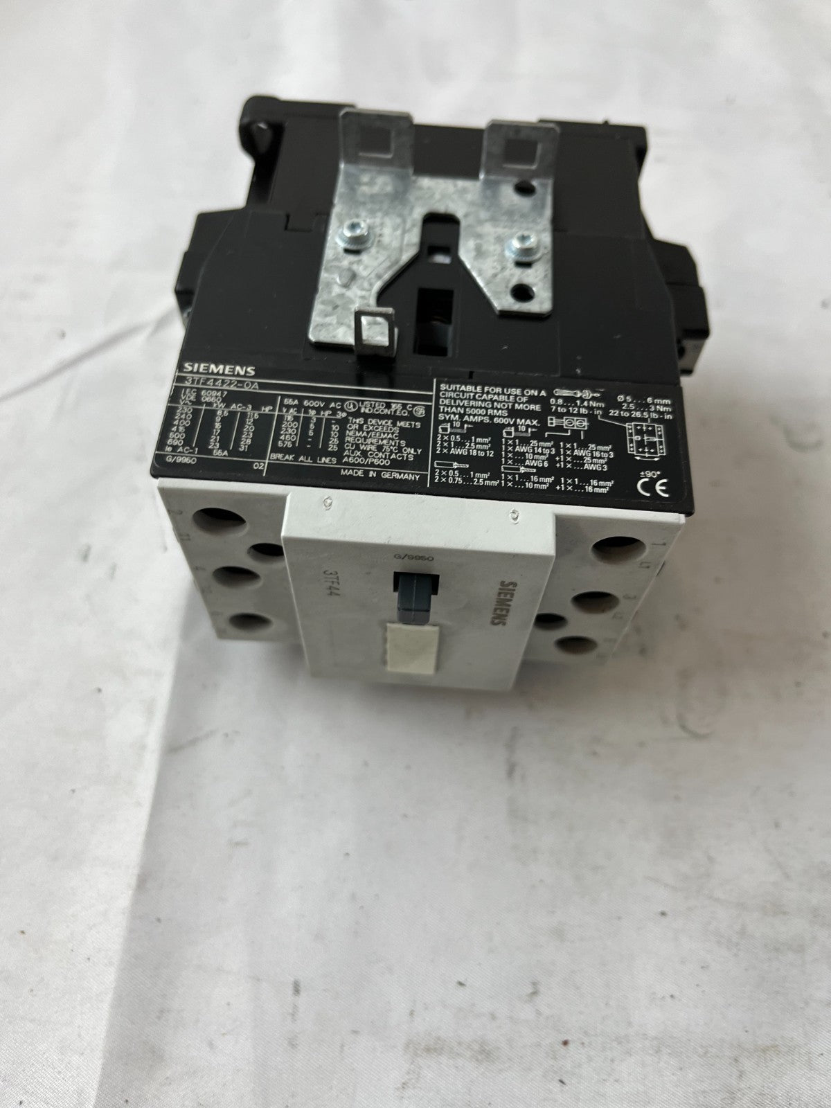 Siemens 3TF44 Contactor 3P w/ 3TY7561-1AA00 Aux Contact Block Used Spare Unit