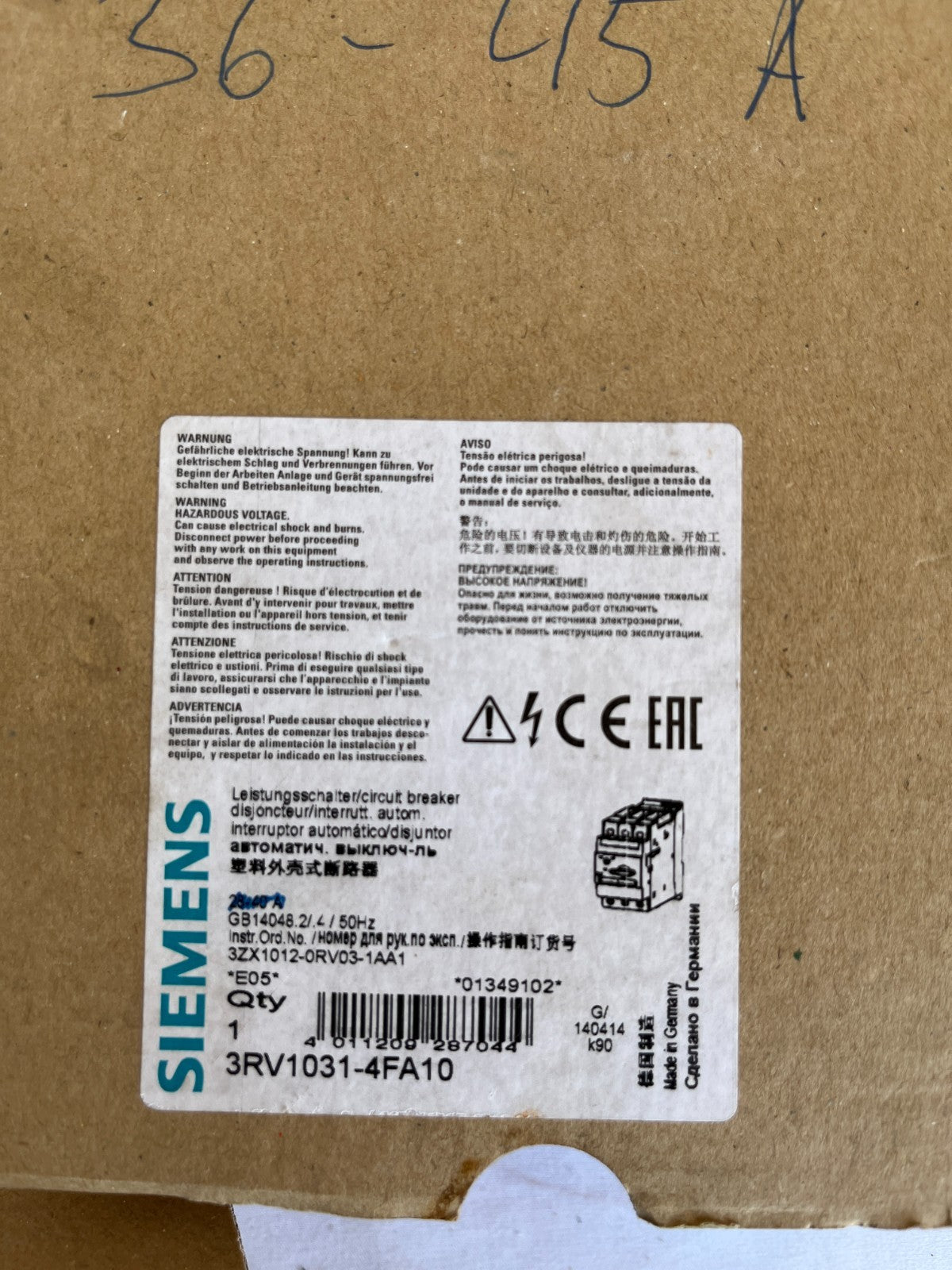 Siemens 3RV1031-4GA10 Sirius Motor Circuit Breaker 36-46A Used Spare Unit