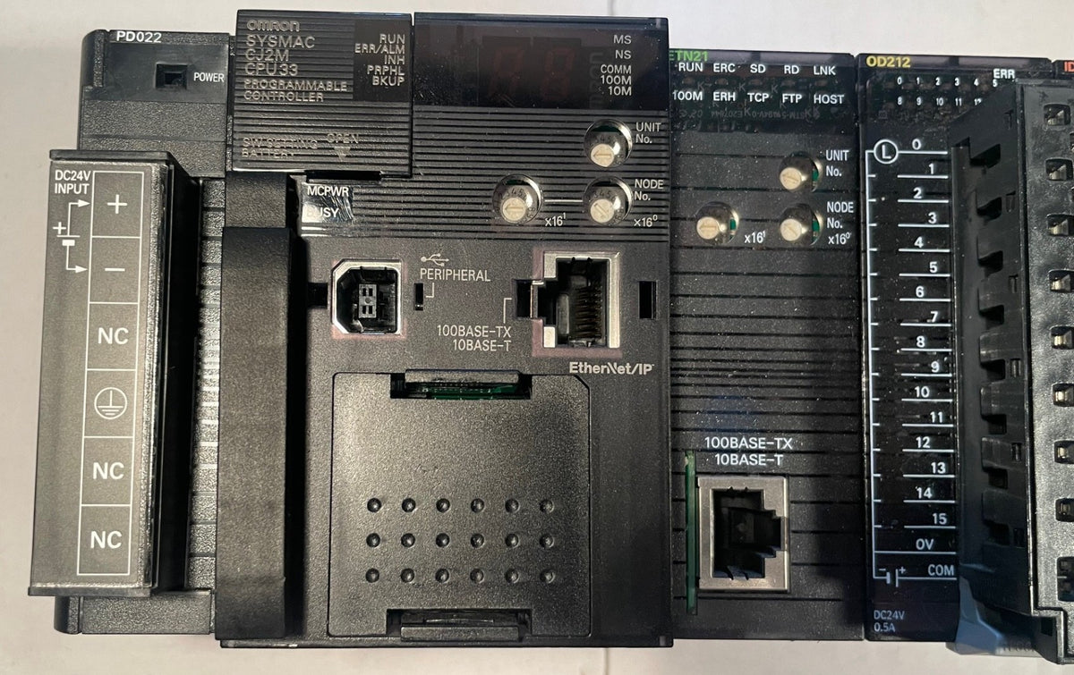 Omron CJ2M-CPU33 PLC System with CJ1W-ETN21, 3x OD212 & 4x ID211 – Used