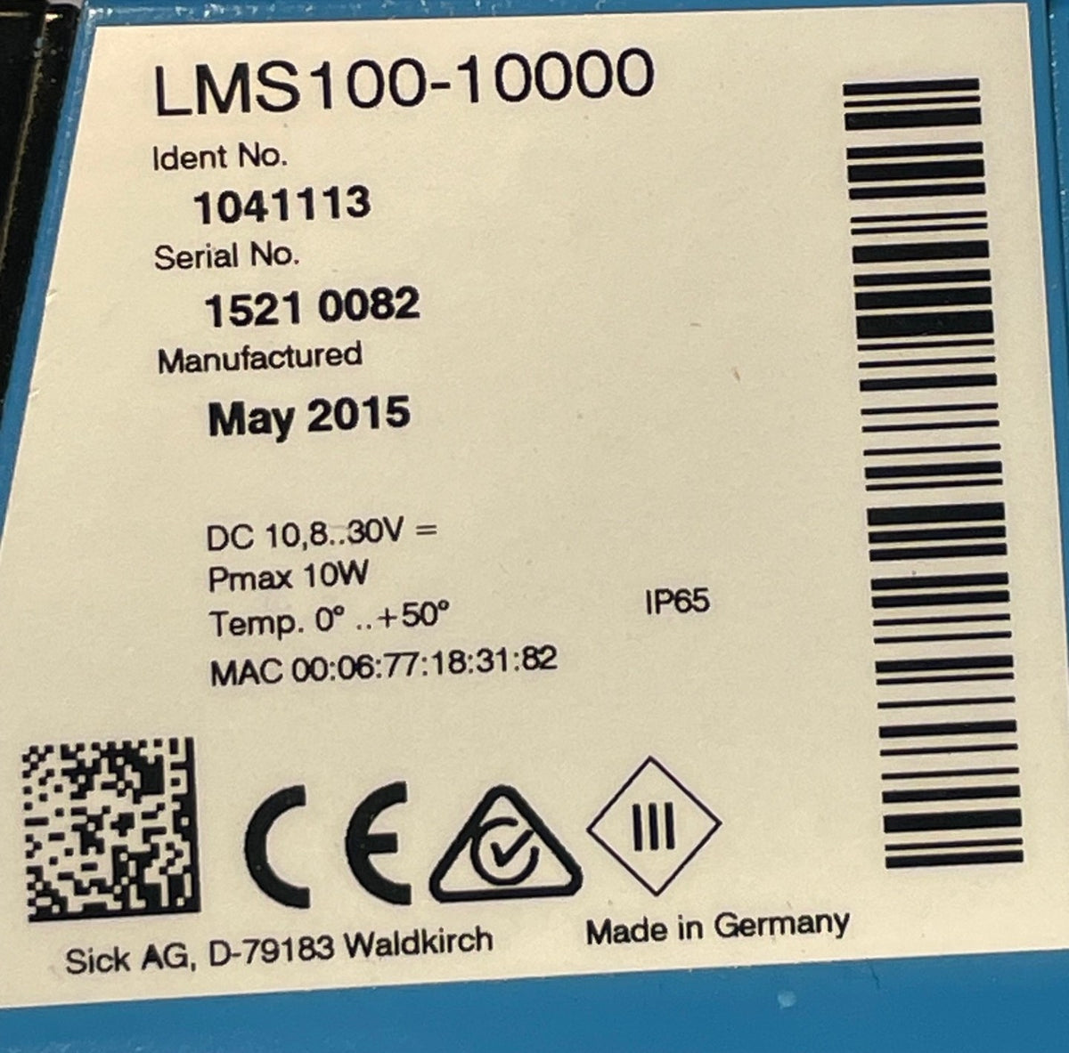 SICK LMS100-10000 1041113 product identification label 2D LiDAR sensor