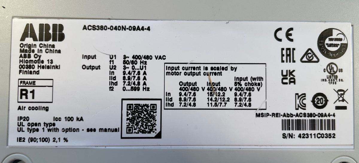 ABB ACS380-040N-09A4-4 4kW 400/480V Machinery Drive VFD – Used Tested