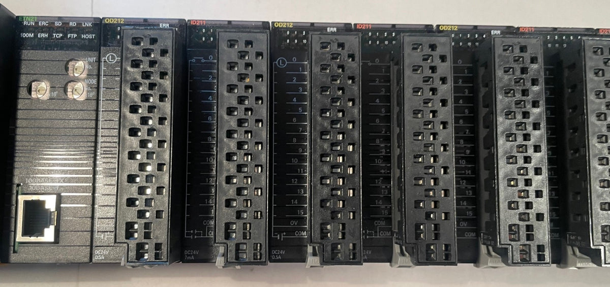 Omron CJ2M-CPU33 PLC System with CJ1W-ETN21, 3x OD212 & 4x ID211 – Used