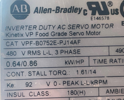 Allen-Bradley Kinetix VP VPF-B0752E-PJ14AF Food Grade Servo Motor – New