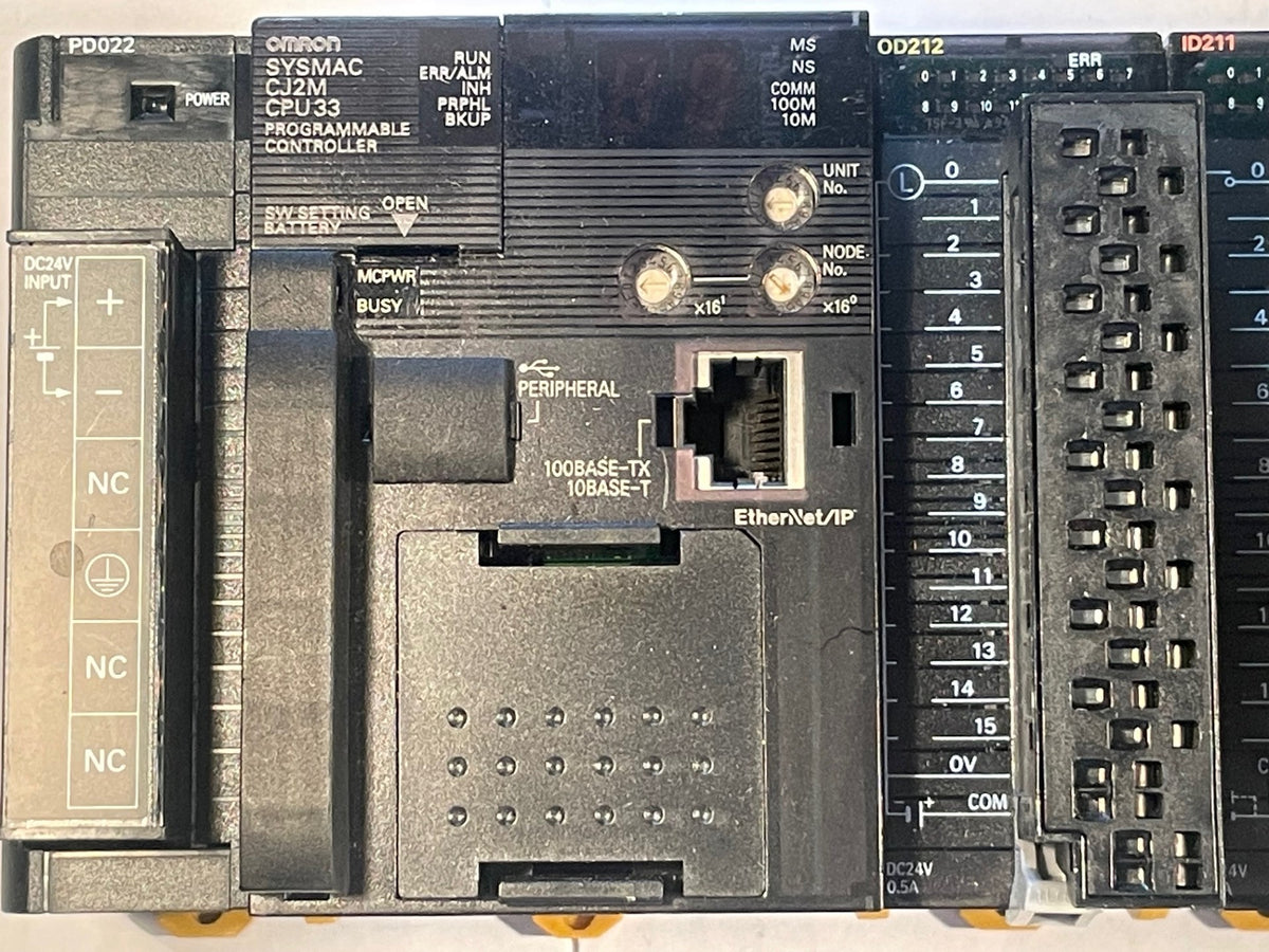 Omron SYSMAC CJ2M-CPU33 PLC System with CJ1W-ETN21 + I/O Modules – Used