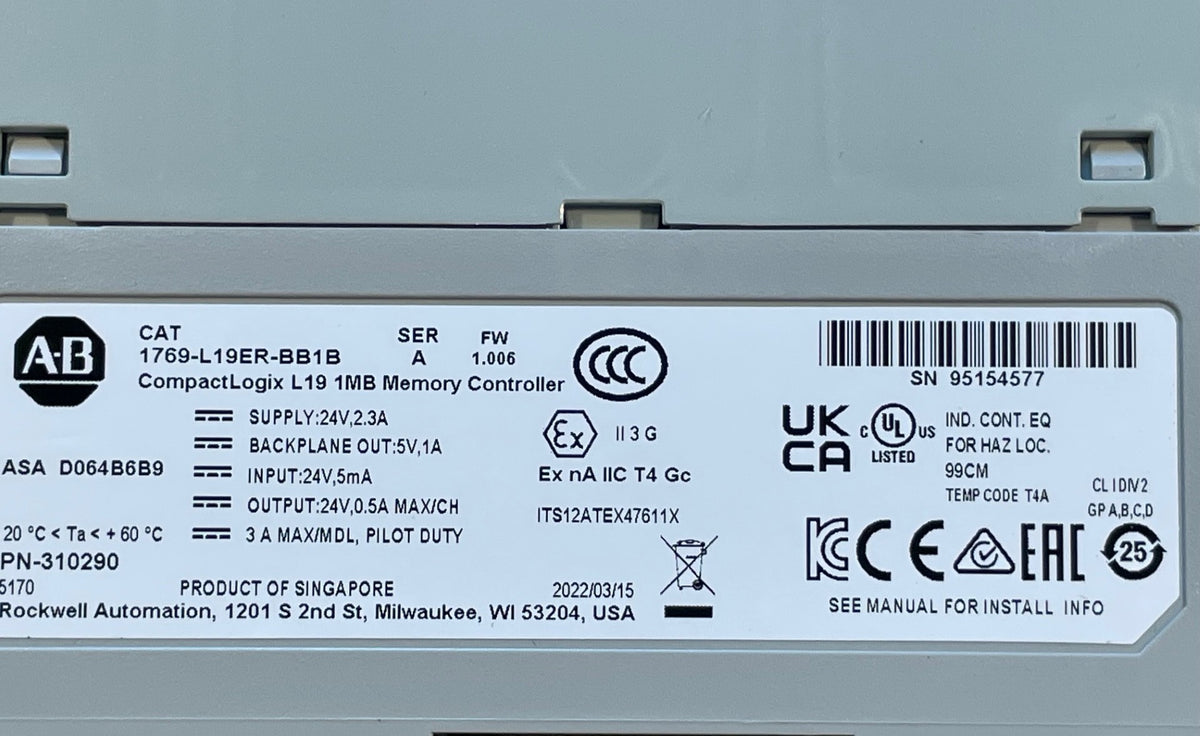 Allen-Bradley 1769-L19ER-BB1B CompactLogix L19 1MB PLC Controller – Used