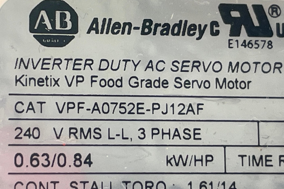 Allen-Bradley Kinetix VP VPF-A0752E-PJ12AF Food Grade Servo Motor – New