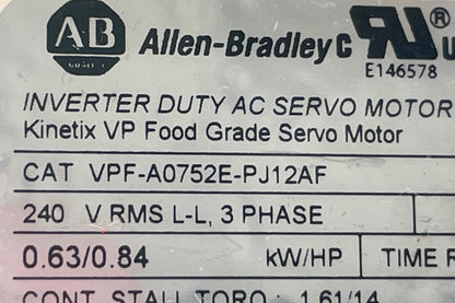 Allen-Bradley Kinetix VP VPF-A0752E-PJ12AF Food Grade Servo Motor – New