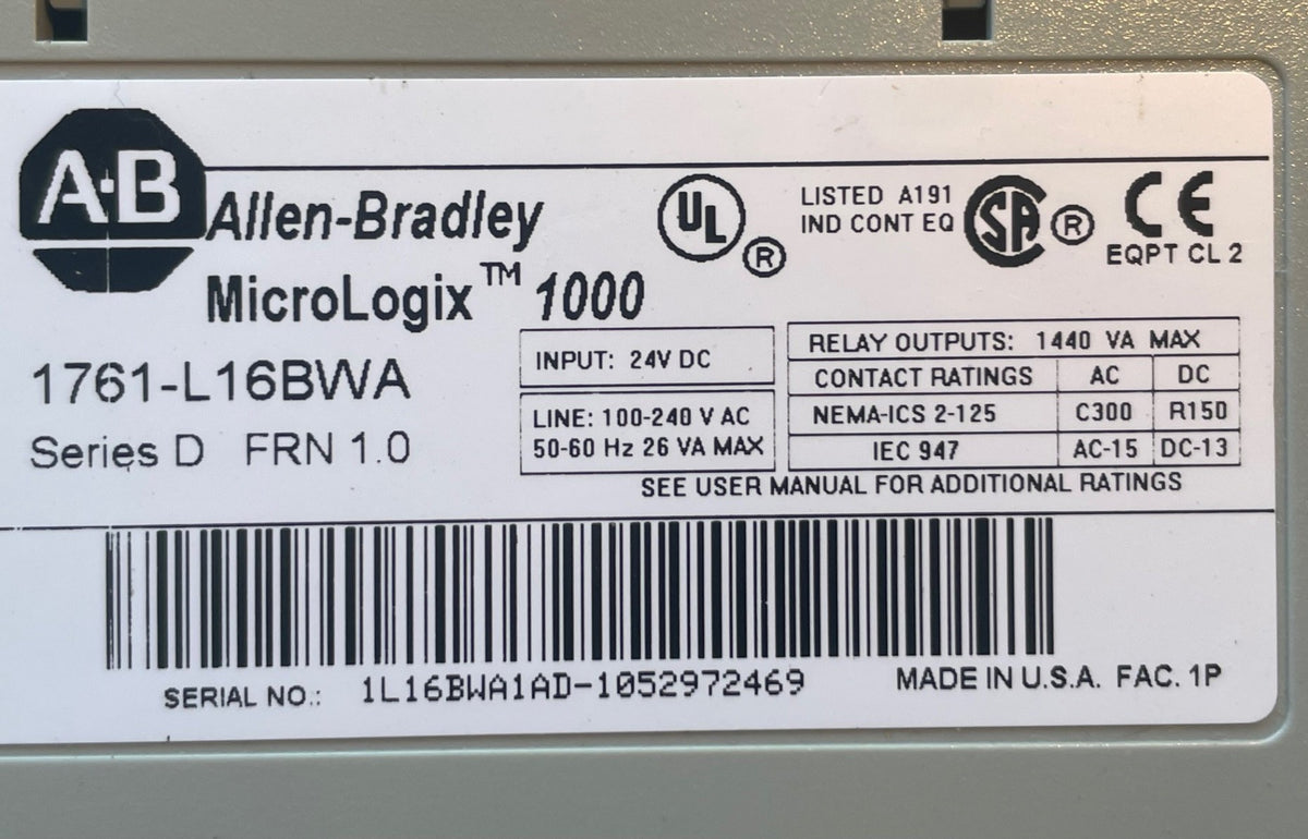 Allen-Bradley MicroLogix 1000 1761-L16BWA PLC – Series D