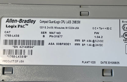 Allen-Bradley Compact GuardLogix 1768-L43S safety PLC