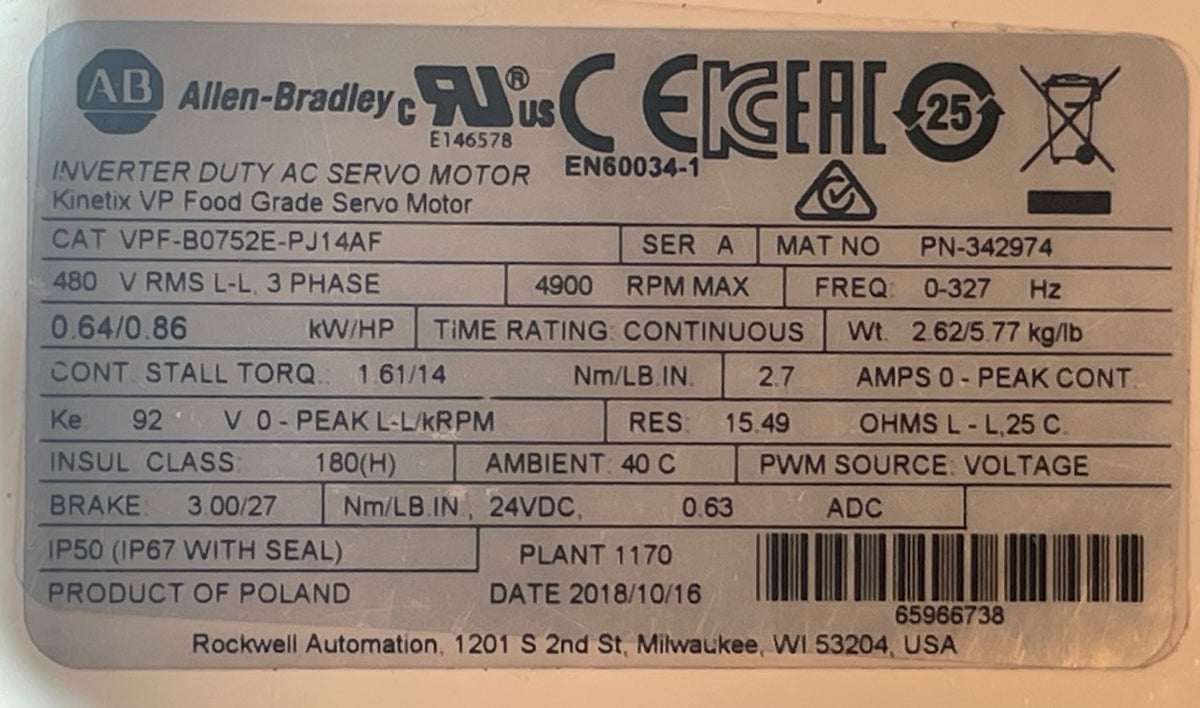 Allen-Bradley Kinetix VP VPF-B0752E-PJ14AF Food Grade Servo Motor – New