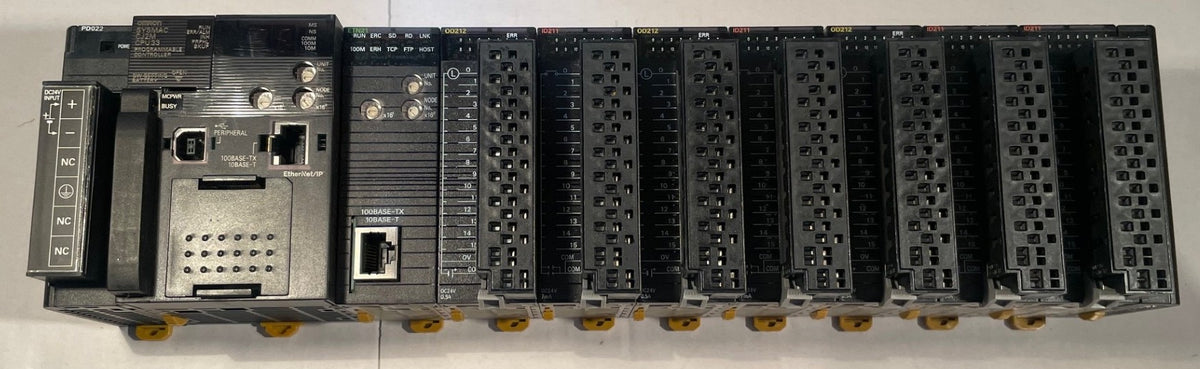 Omron CJ2M-CPU33 PLC System with CJ1W-ETN21, 3x OD212 & 4x ID211 – Used