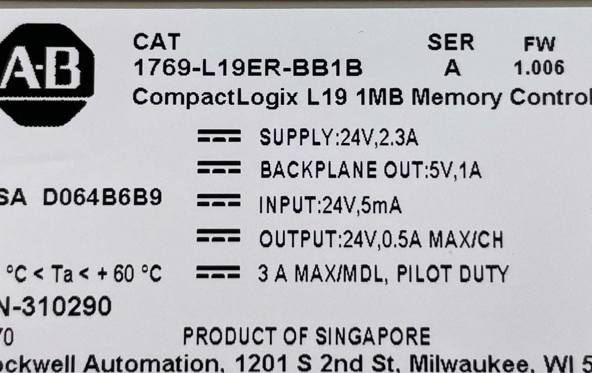 Allen-Bradley 1769-L19ER-BB1B CompactLogix L19 1MB PLC Controller – Used