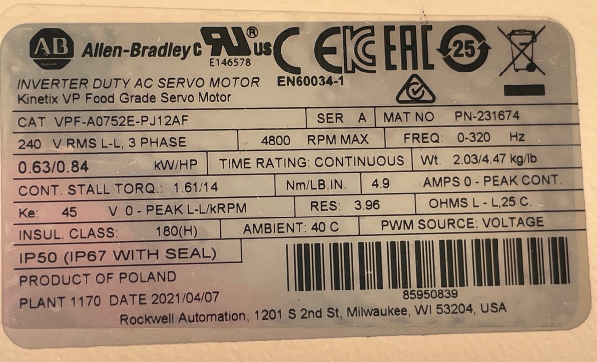 Allen-Bradley Kinetix VP VPF-A0752E-PJ12AF Food Grade Servo Motor – New