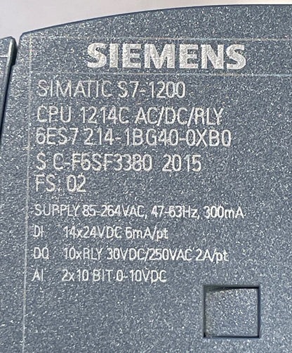 Close-up of the back of a Siemens SIMATIC S7-1200 industrial controller showing technical specifications printed in white on a dark gray textured surface.