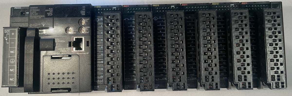Omron SYSMAC CJ2M-CPU33 PLC System with CJ1W-ETN21 + I/O Modules – Used