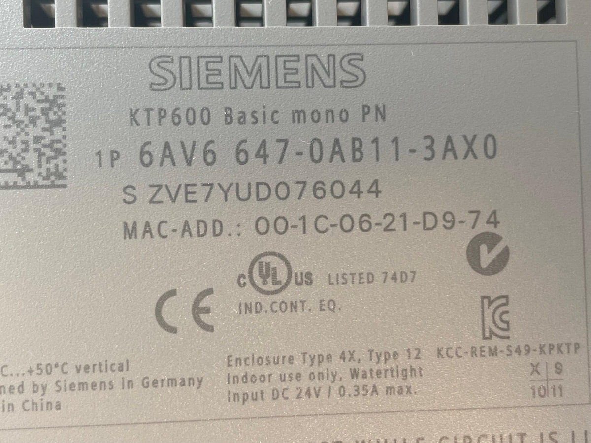 Siemens KTP600 Basic Mono PN 6AV6647-0AB11-3AX0 HMI