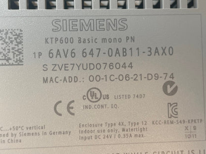 Siemens KTP600 Basic Mono PN 6AV6647-0AB11-3AX0 HMI