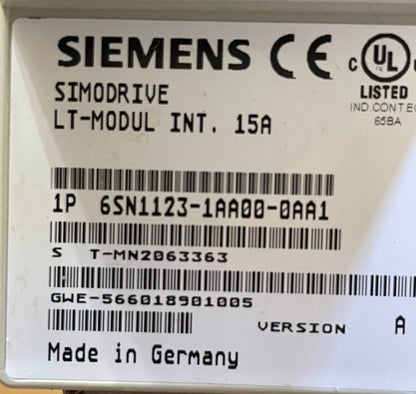 Siemens 6SN1123-1AA00-0AA1 SIMODRIVE 611 15A Power Module 1-Axis – New Unused