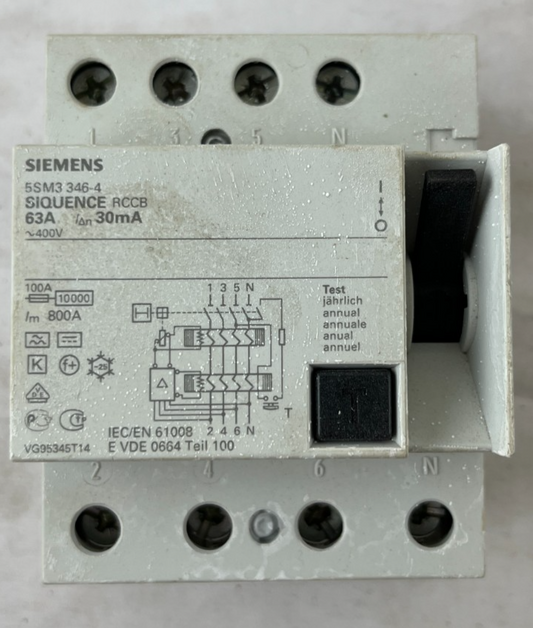 Siemens 5SM3346-4 RCCB Residual Current Circuit Breaker 63A 30mA 4 Pole Used