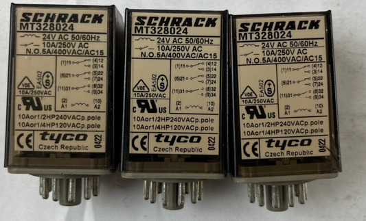 Schrack MT328024 Relay 24V AC 10A 3CO Plug‑In Tyco – Lot of 3 Used Spare Units