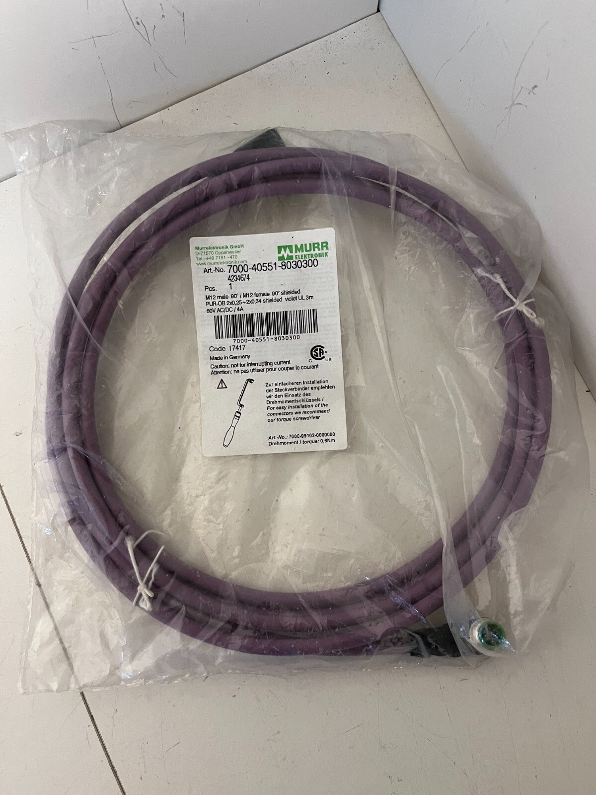 Murrelektronik 7000-40551-8030300 M12 Shielded 5-Pin Cable 3m 90° New Sealed
