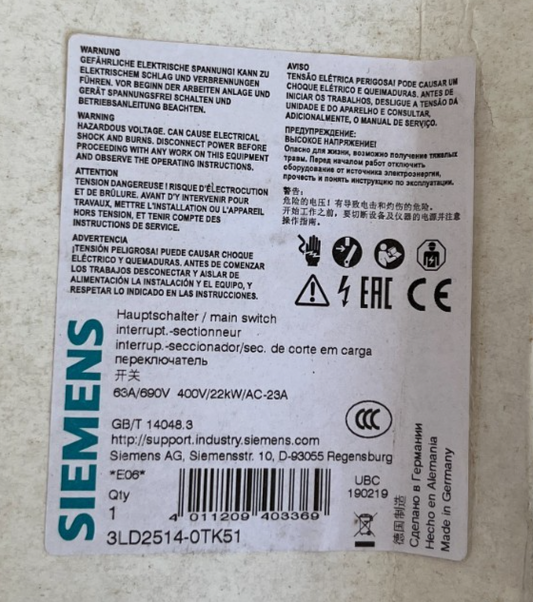 Siemens 3LD2514-0TK51 Main Switch 63A 690V 22kW New - Damaged Box - Spare Unit