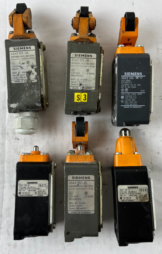 Siemens Limit Switch Lot 6pcs 3ZA2 312-1E 3SE3 120 Roller Lever IP67 Used Spares