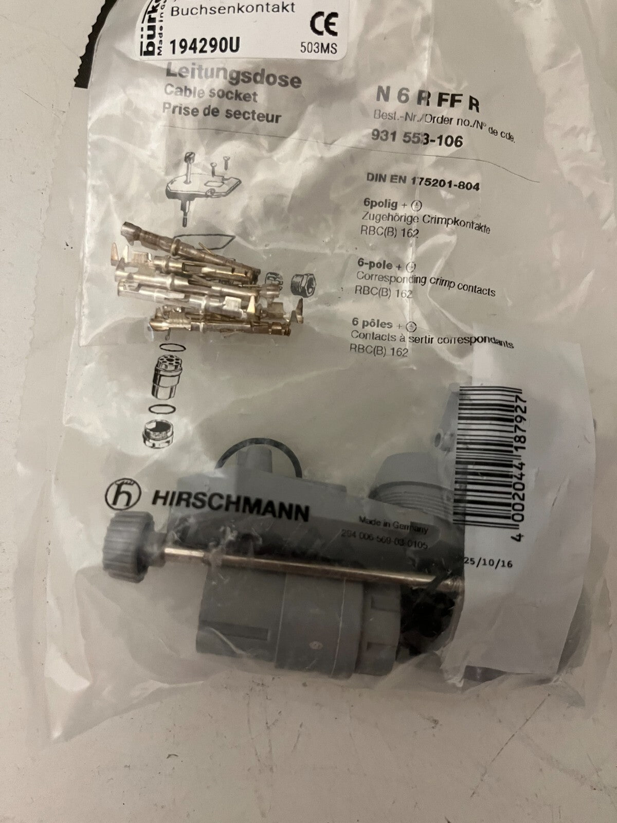 Hirschmann N6RFFR Cable Socket 931553106 6-Pole Crimp Contacts New Sealed