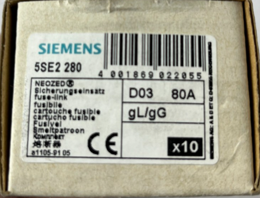 Siemens 5SE2 280 Neozed Fuse Link D03 80A gL gG Box Of 10 New Spare Part