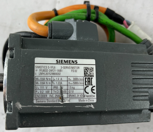 Siemens 1FL6032-2AF21-1AB1 SIMOTICS S-1FL6 Servo Motor 0.2kW 3000rpm Brake Used