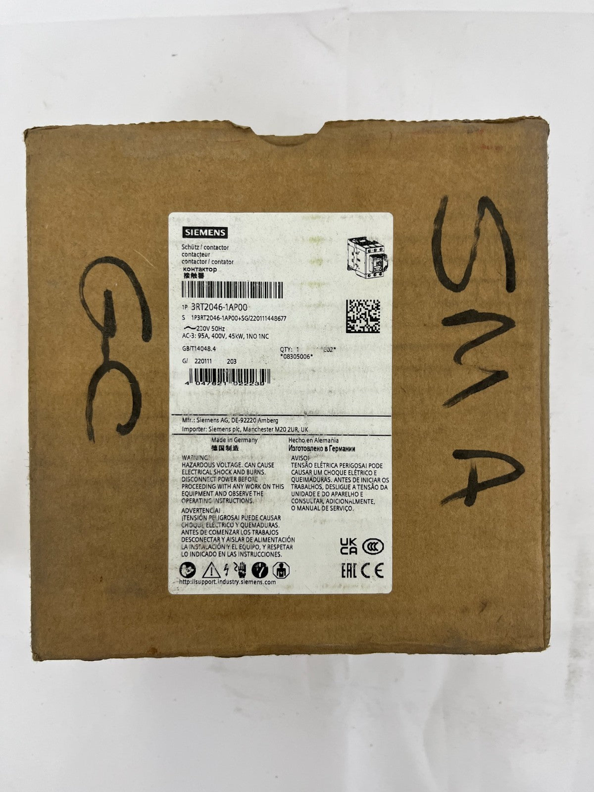 Siemens 3RT2046-1AP00 SIRIUS Power Contactor 3-Pole 95A 45kW 230V AC New in Box