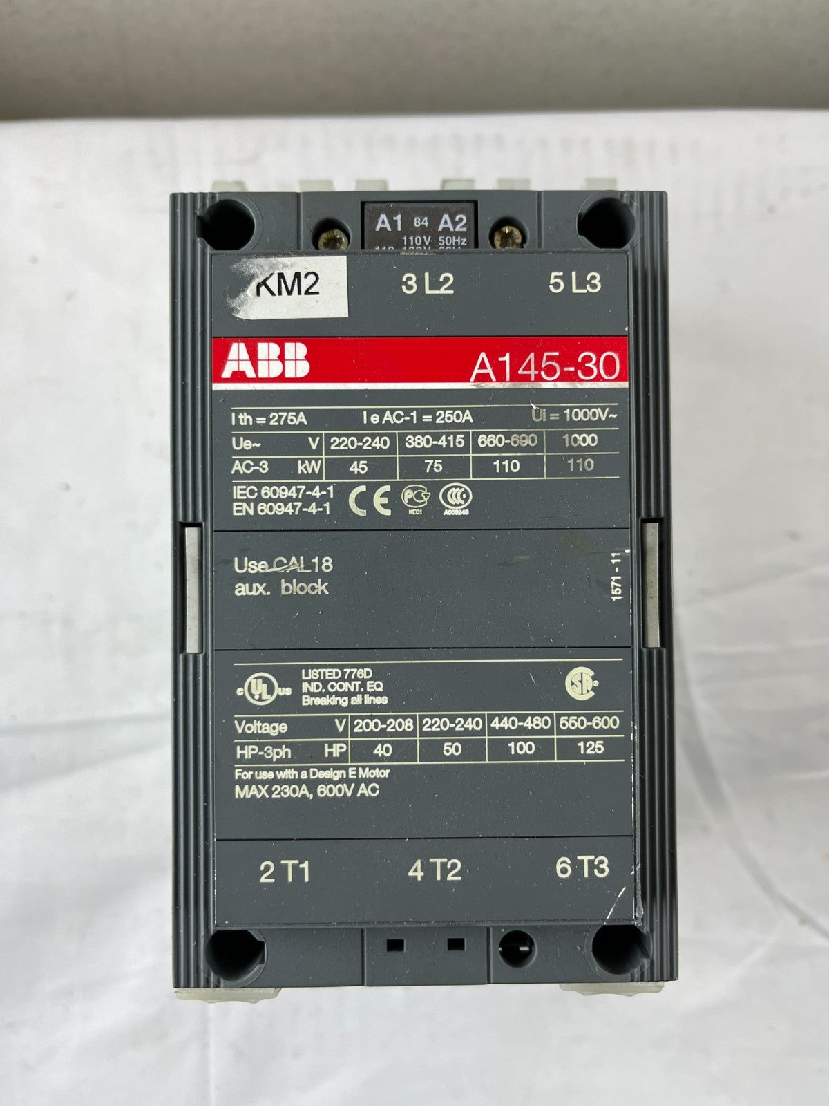 ABB A145-30 Power Contactor 3-Pole 250A AC-1 110–120V Coil With A145 Base Used