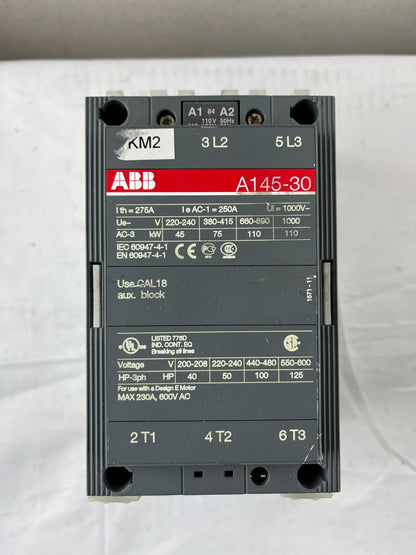 ABB A145-30 Power Contactor 3-Pole 250A AC-1 110–120V Coil With A145 Base Used