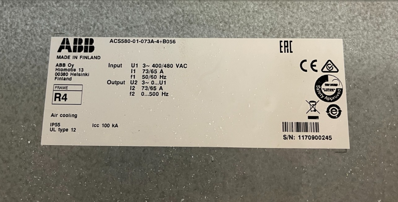 ABB ACS580-01-073A-4+B056 VFD 400/480VAC 73/65A IP55 Used Spare Working Unit