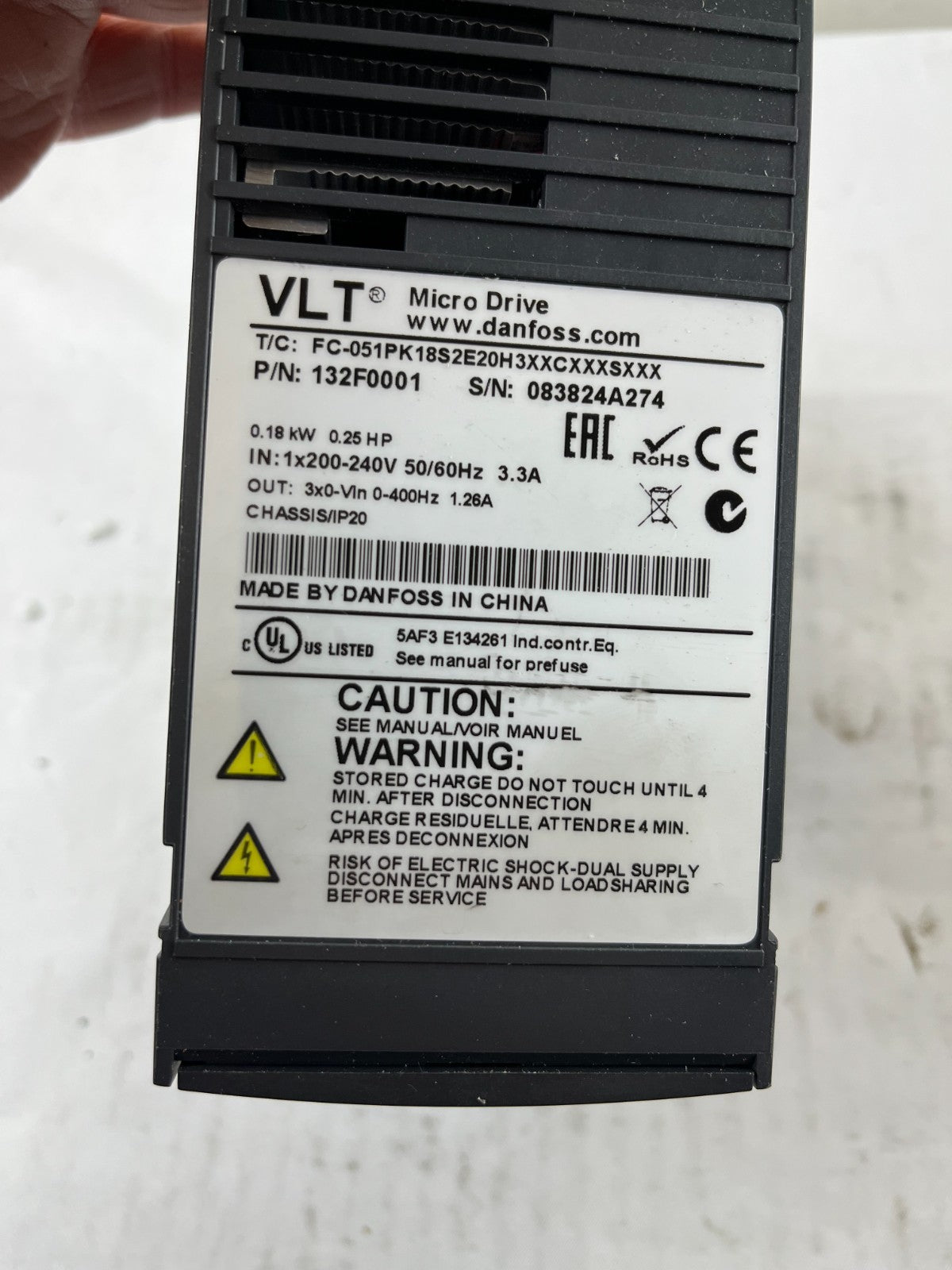 Danfoss VLT Micro Drive FC-051PK18S2E20H3 VFD 0.18kW 200-240V Used Spare Unit