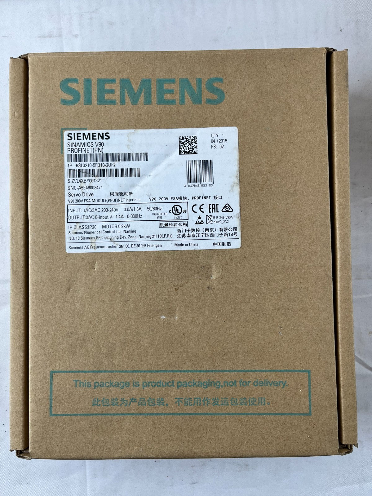 Siemens 6SL3210-5FB10-2UF2 Sinamics V90 Servo Drive 0.2 kW PROFINET New Boxed