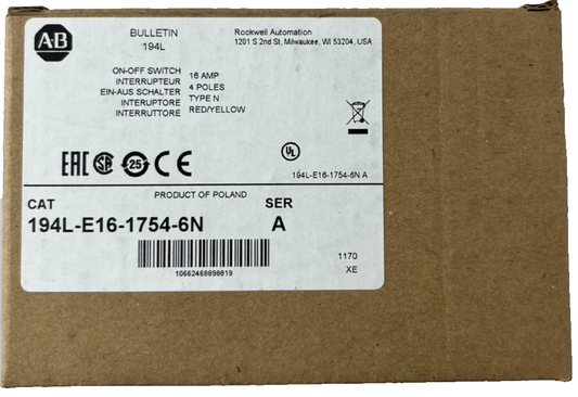 Allen Bradley 194L-E16-1754-6N 16A 4P Disconnect Switch New Spare Unit