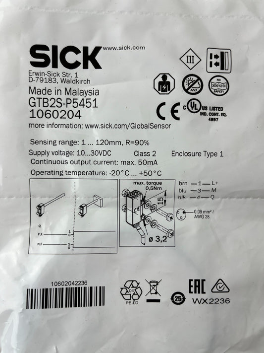 SICK GTB2S-P5451 Photoelectric Sensor 1060204 10-30VDC New Spare Unit