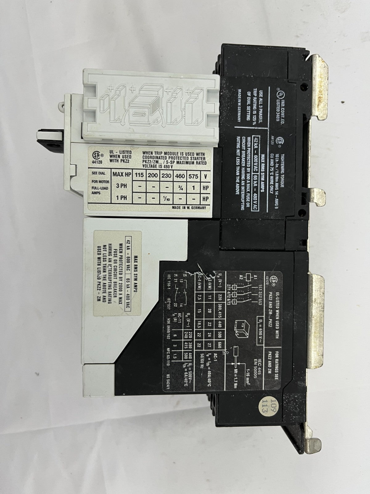 Moeller PKZ2 Motor Protection Breaker ZM-1,6-PKZ2 S-PKZ2 1-1.6A 10A 600VAC Used