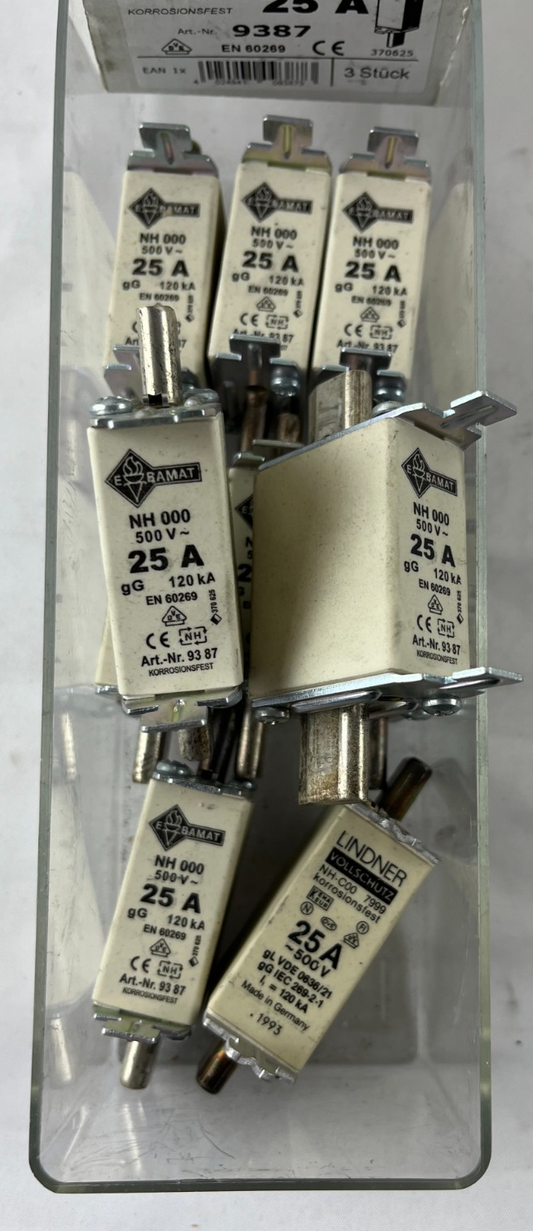 Lot 13x NH000 25A 500V gG Fuse Links Bals E‑BAMAT 9387 + Lindner Corrosion