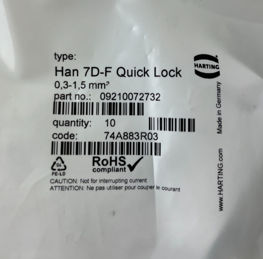 Harting Han 7D-F Quick Lock 09210072732 Female Insert 7+PE 10A 250V New 10x