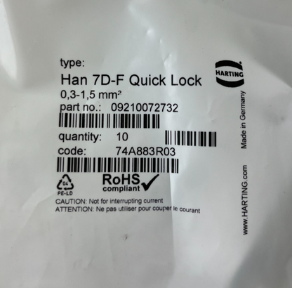 Harting Han 7D-F Quick Lock 09210072732 Female Insert 7+PE 10A 250V New 10x