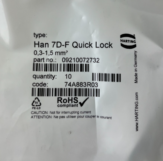 Harting Han 7D-F Quick Lock 09210072732 Female Insert 7+PE 10A 250V New 10x