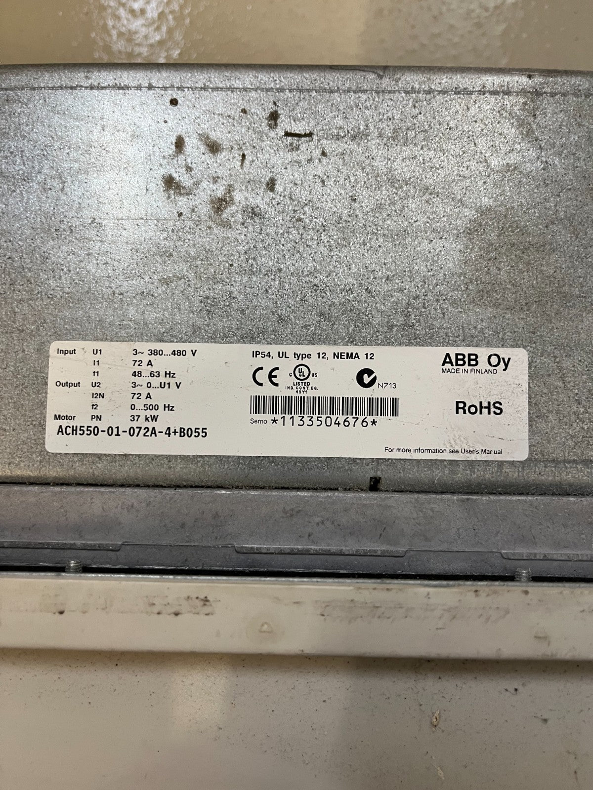 ABB ACH550-01-072A-4+B055 37kW 72A 380-480V HVAC AC Drive IP54 Used Spare Unit
