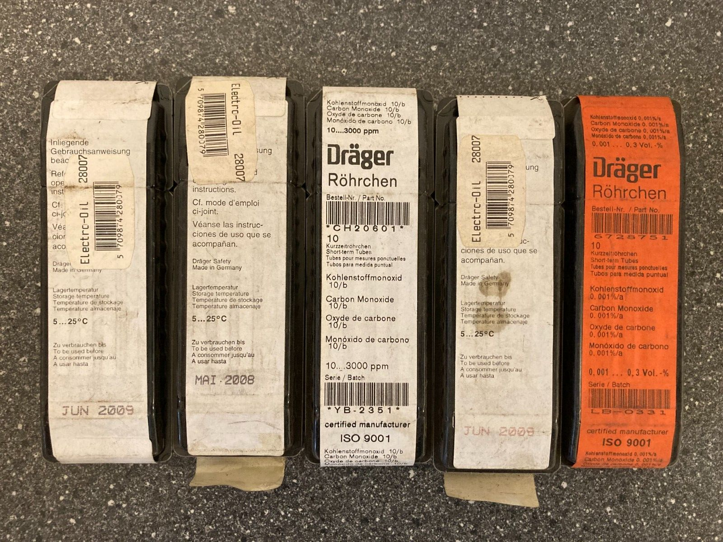 Lot of 5 x 10 Dräger Carbon Monoxide test tubes - Never used, but ALL EXPIRED!