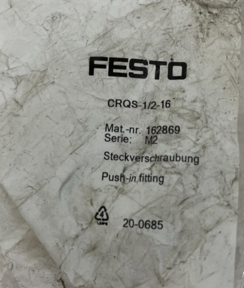 Festo CRQS-1/2-16 Push-In Fitting 162869 1/2" Male to 16mm Tube Sealed Unused