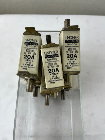 Lindner NH-C00 7999 Fuse 20A 500V gL-gI Vollschutz Corrosion Resistant Lot of 6x