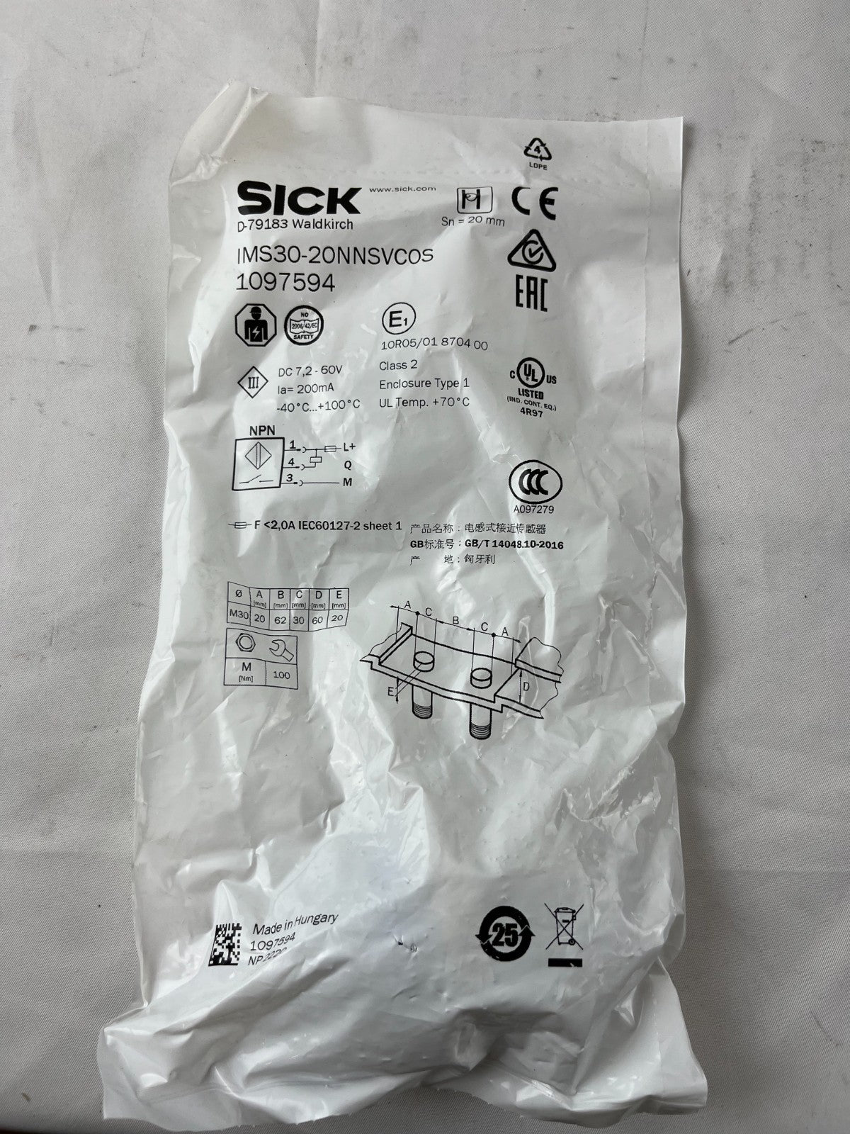 Sick IMS30-20NNSVC0S 1097594 Proximity Sensor M30 20mm NPN New Sealed Hungary